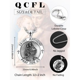 QCFL St Anthony Medal Necklace Sterling Silver Saint Anthony Medal Big Amult Pendant Protection Jewelry Religious Necklace Gifts for Men