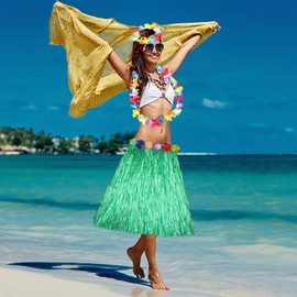 Pack of 5 Hawaii Outfit Women, Hawaiian Costume Women, Party Fancy Dress Costumes, Raffia Skirt Hawaiian Skirt Set, Simple Flower Headband, Chain Garlands Hula Skirt for Summer Beach Tropical Costumes