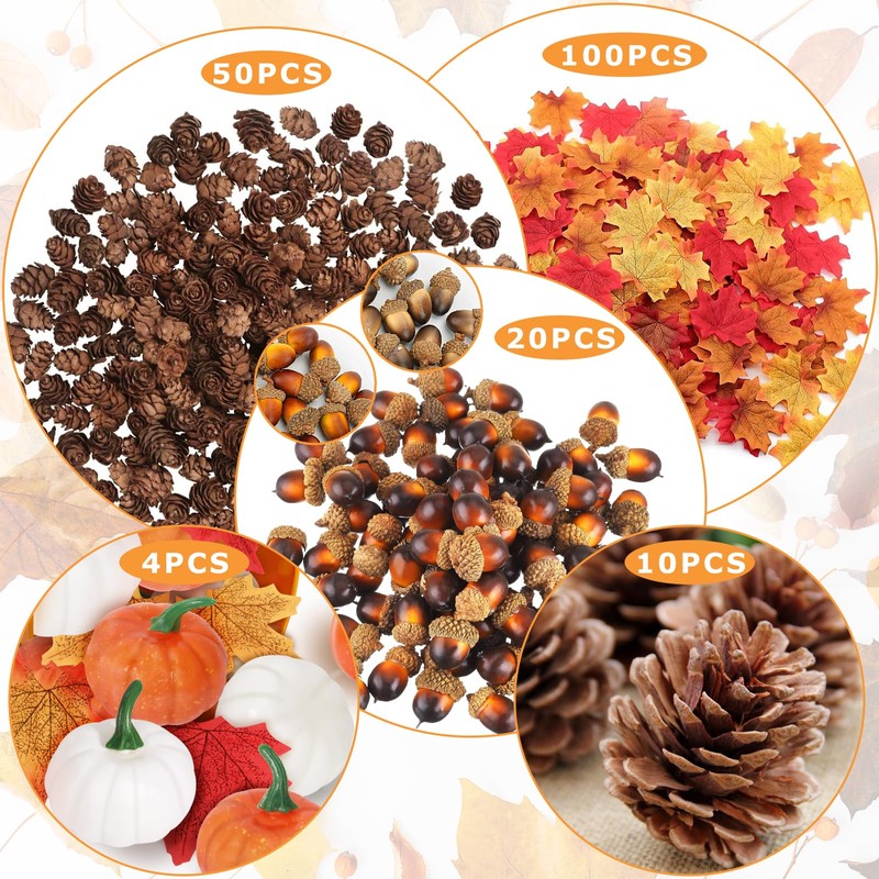 184Pcs Artificial Pumpkins Artificial Acorns Natural Pinecones Ornament Artificial Maple