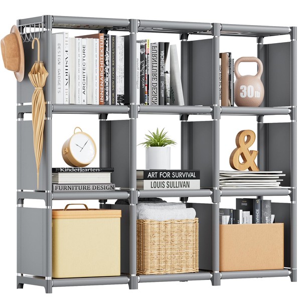 Mavivegue Book Shelf, 9 Cube Storage Organizer, DIY Bookcase, Metal Cube Bookshelf, Tall Book case for Bedroom, Living Room, Office, Closet Storage Organizer, Grey Cubicle Storage Rack