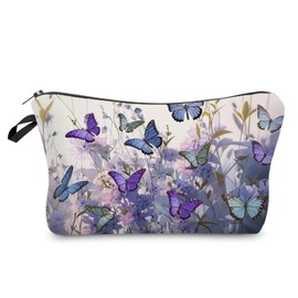 Livel lhood Purple Floral Butterfly Makeup Bag Cute Small Organizer Zipper Pouch Purple Floral Butterfly Cosmetic Bag Aesthetic Birthday Present for Women Friends -1