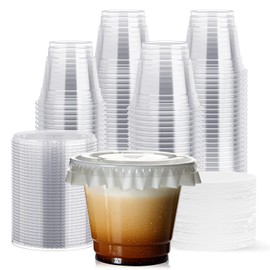 JOLLY CHEF 200 Sets 9 oz Clear Plastic Cups with Flat Lids, and Paper Lid Liners, 9 Ounce Plastic Cups with Flat Lids for Parfait, Snacks, Fruit, Pudding