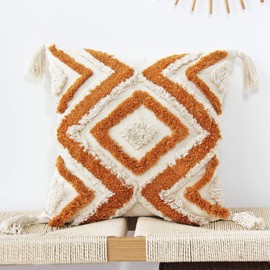 JOJUSIS Boho Throw Pillow Covers with Handmade Tassels Decorative Woven Tufted Orange Pillowcase for Couch Bedroom 18 x 18 Inch Orange B