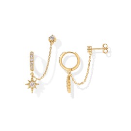 PAVOI 14K Gold Plated Huggie Hoop Earrings with Cubic Zirconia Dangle Star - Double Piercing Chain Earrings for Women