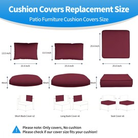 Lakexus 14 Pcs Outdoor Patio Furniture Cushion Covers Replacement, Waterproof Non-Slip Cushion Covers for Outdoor Furniture, 3 Sizes Patio Sofa Couch Slipcovers with Zippers, Covers Only (Wine Red)