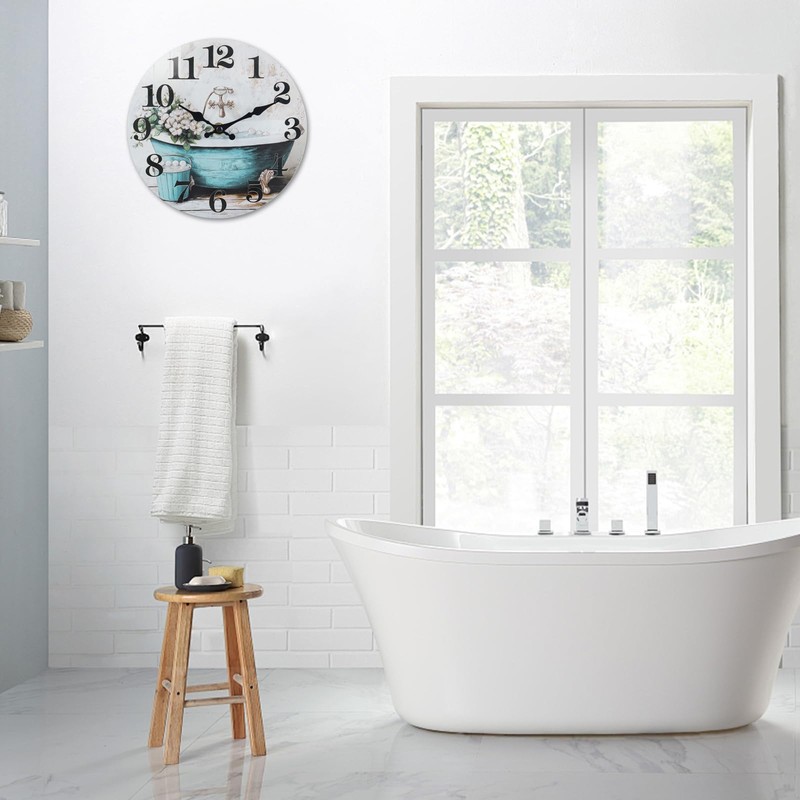 Horizent Silent Wall Clocks for Bathroom,Rustic Style Waterproof Glass Wall