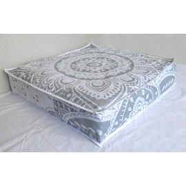 ICC Large Square Floor Pillow Cover Hippie Ottoman Pouf Cover Daybed Cotton Mandala Cushion Cover with Heavy Duty Zipper Seating Ottoman Poufs Dog-Pets Bed (White Silver Flower, 35" Square)