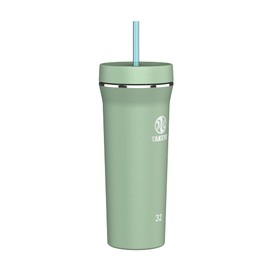 Takeya Straw Tumbler - For Coffee, Water & More - Durable with Built-In Silicone Coaster - Double Stainless Steel Insulation for Beverages - 32 oz, Cucumber