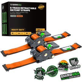 Rhino USA 2”x10’ Retractable E-Track Ratchet Straps: 3033lb Max Break Strength Compatible with E Track Rail Systems only– Perfect for UTV’s, ATV’s and Other Cargo (Orange - 2 Pack)