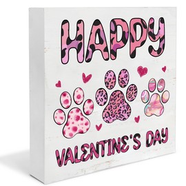 Valentines Decor Happy Valentines Day Decorations Happy Valentine's Day Dog Cat Lovers Wooden Sign Home Decor for Desk Table Shelf 5 x 5 Inches, D751