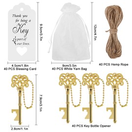 40 PCS Vintage Skeleton Key Bottle Opener with Organza Bags, Thank You Tags, Jute Rope and Chains - Perfect Wedding Gifts and Baby Shower Favors for Guests (Gold)