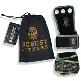 ROBUST FITNESS Genuine Leather Hand Grips for Gymnastics & Cross-Training, Pull-ups, Weightlifting, WODs with Neoprene Wrist warps. Palm Shield from Rips & Blisters. (Camouflage, Large)