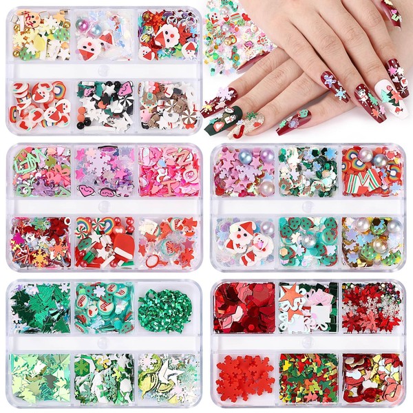 Noverlife 30 Grids Christmas Nail Art Slices, 3D Snowflake Santa Christmas Tree Nail Clay Flakes Decals, Xmas Nail Glitter Sequins Paillettes for Holiday Nail Polymer Clay Slices for Nail Art DIY
