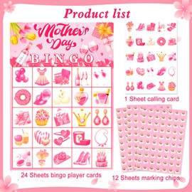 HOWAF Mother’s Day Bingo Game Cards, Mother’s Day Party Bingo Games for Kids, Mother’s Day Party Decorations, I Love You Mom Bingo Cards for 24 Players, Pink Heart Mom’s Day Party Supplies