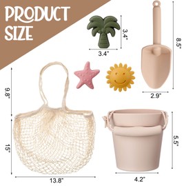 Hungdao 14 Pcs Silicone Beach Toys Travel Beach Set Sand Toys Include 2 Silicone Bucket Pail, 2 Shovel, 9 Sand Molds, 1 Beach Bag for Boys Girls Summer Pool Outdoor Bath Toys (Light Green, Beige)