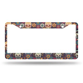 Beabes Sugar Skull and Flowers License Plate Frame Dead Skull Novelty License Plate Frame Gothic Pattern License Plate Car Tag Holder Metal License Plate Frame for US Vehicles Standard