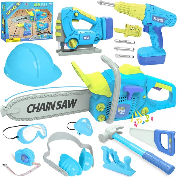 WishaLife Kids Tool Set for Boys - Toddler Boy Toy Tool Set with Toy Chainsaw, Electric Toy Drill, Pretend Play Construction Tools Toy Gifts for Kids Toddlers Boys Girls Ages 3 4 5 6 7 8 Year Old