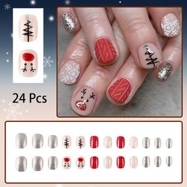 24 Pcs Christmas Press on Nails Short Square Winter Snowflakes Fake Nails Xmas Elk Christmas Tree False Nails Glitter Stick on Nails Holiday Acrylic Nails for Women Girl Nail Design Decoration