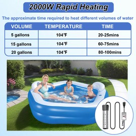 2000W Immersion Water Heater with Thermostat, Kiddie Pool Heater for Inflatable Above Ground Swimming Pool, Portable Submersible Bucket Heater, Bathtub Electric Water Heater with 304 Stainless Guard