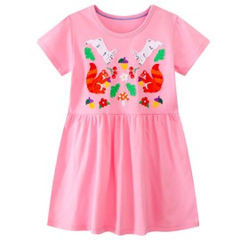 Baby Toddler Girl's Dresses Cotton Easter Cute Animals Spring Summer Short Sleeve Outfit Clothes Sundress Clothing Pink Squirrel/Rabbit 2t