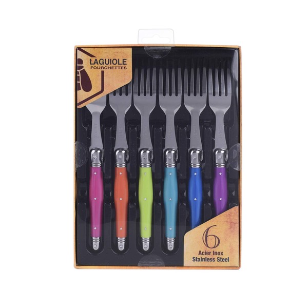 Very attractive Set of 6 Laguiole Kunsfstoff Colourful Cutlery Fork Handle Stainless Steel Cutlery x 6 NEW