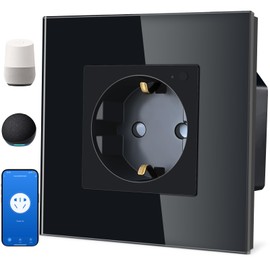 TAWOIA Schuko Smart Socket, 1 Compartment, 16A, App Control, Works with Alexa, Glass Frame, 86 x 86 mm, Black, WiFi Only 2.4 GHz