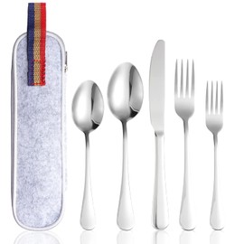 Premium stainless steel cutlery set, including sturdy fork, knife and dessert spoon with a portable travel cutlery storage bag - perfect for parties and picnics - Flatware Cutlery Set