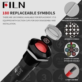 FILN 2PCS LED Metal Indicator Lights, Includes 185 Replacement Symbols 12V 24V 12mm Mounting Holes IP67 Waterproof Pilot Lights for Cars Boats Industrial Panels Dashboards(Red LED Light)