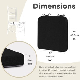 AddGrace Square Chair Cushions for Dining Chairs 6 Pack Non Slip Seat Cushions for Kitchen Chairs Indoor Thick Dining Room Chair Pads with Ties and Removable Cover 16'' x 16'' x 2'' Black