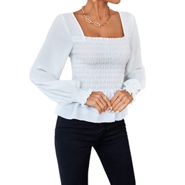 Umenlele Women's Square Neck Ruffle Frill Smocked Long Sleeve Peplum Blouse Top White Medium