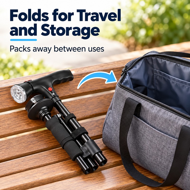 Folding Walking Cane with LED Light & Alarm – Adjustable
