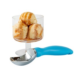Restaurantware Comfy Grip 7.9 x 2 Inch Kitchen Ice Cream Scoop 1 Heavy-Duty Ice Cream Disher - Ergonomic PP Handle Dishwashable Blue Metal Ice Cream Spade With Lid Opener Notch Multi-Use