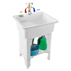 DDBESSIC Utility Laundry Sink, Multifunctional Freestanding Plastic Laundry Sink with Washboard and 360 ° Hot Cold Faucet Laundry Tub for Garage Garden (25.59 * 21.65 * 31.5in)