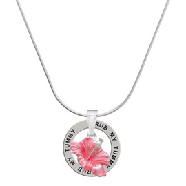 Delight Jewelry Silvertone Hot Pink Hibiscus Flower - Rub My Tummy Ring Charm Necklace, 18"