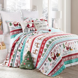 Levtex Home - Ho Ho Holidays Quilt Set - Twin Quilt and One Standard Sham - Holiday Patch - Red Green White and Teal - Quilt (68x86in.) and Sham (20x26in.) - Reversible - Polyester
