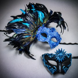 iLoveMasks Venetian Sun God w/ Luxury LARGE Side Feather Masquerade Couple Party Mask BLUE