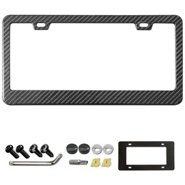 Aootf Carbon Fiber License Plate Frame- 100% Real Carbon Cloth Wrapped Stainless Steel Car Tag Cover, 1 Pack Black Holder with Anti Theft Screws Caps, Wide Edge 2 Hole