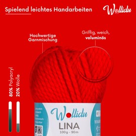 Wollidu Lina Wolle zum Stricken und Häkeln 100g 80% Polyacryl 20% Schafwolle Mulesing-frei Oeko-Tex 1x 100g/90m Häkelwolle/Strickwolle - Rot