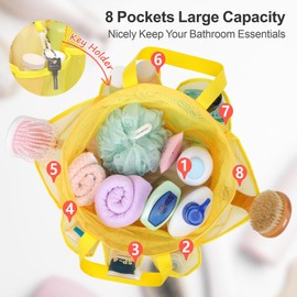 F-color Mesh Shower Caddy Portable with Drawstring - Upgrade Deeper 7 Pockets Dorm Room Essentials for Guys Girls with S Hook, Shower Bag Basket Tote for College Camping Toiletry Bathroom, Yellow