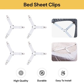 EZONEDEAL Bed Sheet Straps Sheet Fasteners - Fitted Sheet Clips, Bed Sheet Holder Straps Adjustable Triangle Elastic Suspenders Grippers Sheet Holders for Corners Bed Sheet Clips (White 4pcs Set)