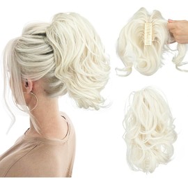 CJL HAIR Claw Clip Short Ponytail Hair Extensions DIY Bendable Metals Messy Bun Hair Piece for Wonen Wavy Curly Synthetic Fake Hairpieces Platinum Blonde
