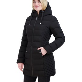 Nautica Women's 3/4 Stretch Puffer Jacket with Fur Hood and Half Back, Black