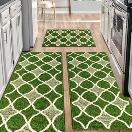 Kitchen Mats for Floor 3 Piece Set,Farmhouse Kitchen Runner Rugs Non Skid Washable,Soft Comfort Kitchen Mats for Floor Sets,Kitchen Area Rug Floor Mat for Bathroom Entryway Indoor Door(Green)