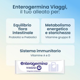 Enterogermina Viaggi, Vitamina b12, Vitamina d, Fermenti Lattici Probiotici, per Adulti - Integratori per Flora Intestinale in Viaggio, Stanchezza e Sistema Immunitario (12 Bustine Gusto Fragola)