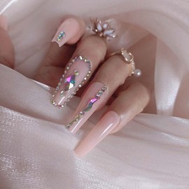 ZYBUXY lady nude press on nails Long coffin Fake Nails Acrylic crystal Ballet edge drill False Nails for Women and Girls 24pcs