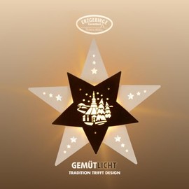 weigla - Fensterbild original Erzgebirge Stern Seiffener Kirche I Weihnachtsdeko Fenster I 1 LED Lampe I 0,8 W, E14 I Fensterbild Weihnachten I Weihnachtsbeleuchtung Holz I Fensterdeko hängend