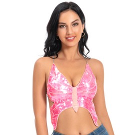 Baisdan Women Glitter Sequins Butterfly Belly Dance Costume Rave Top Festival Outfits Crop Tops, Transparent pink