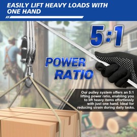SALIFTFE Block and Tackle Pulley System, Upgraded 3-Wheel Rope Pulley Hoist, 5:1 Lifting Power, 1100LB Work Load with 55Ft of 1/4" Rope, Ultra-Compact Rope Hoist for Garage, Hunting, and Heavy Lifting