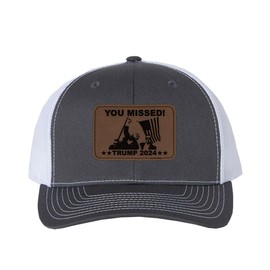 TeesAndTankYou You Missed Trump 2024 Assassination Attempt Mesh Back Trucker Cap Engraved Faux-Leather Patch Adjustable Hat Charcoal/White