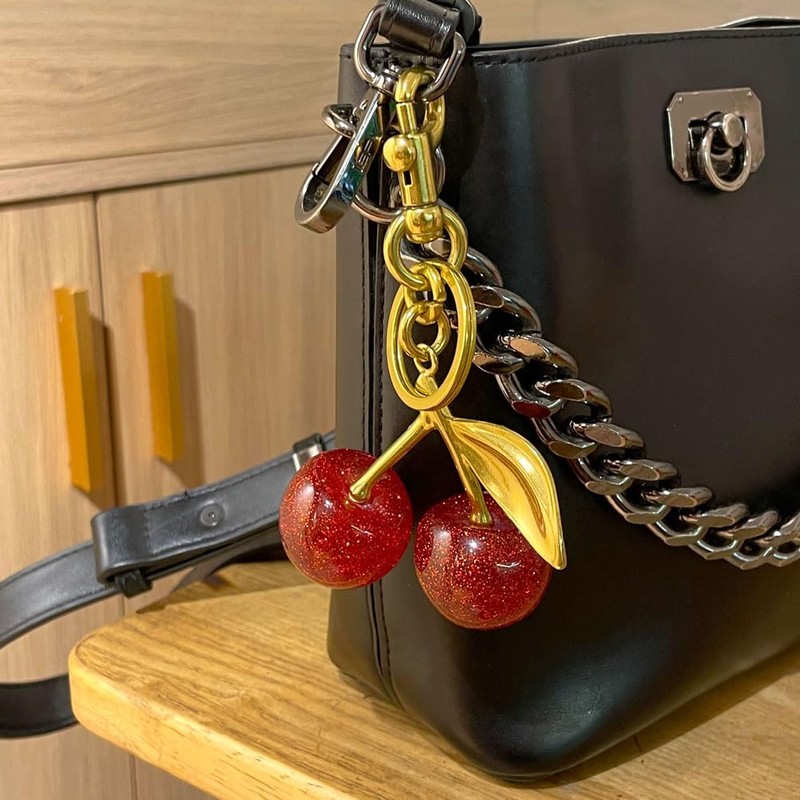 ZHLZTYYL 1 pcs Cherry Keychain,Glitter Cherry Bag Charm with Key